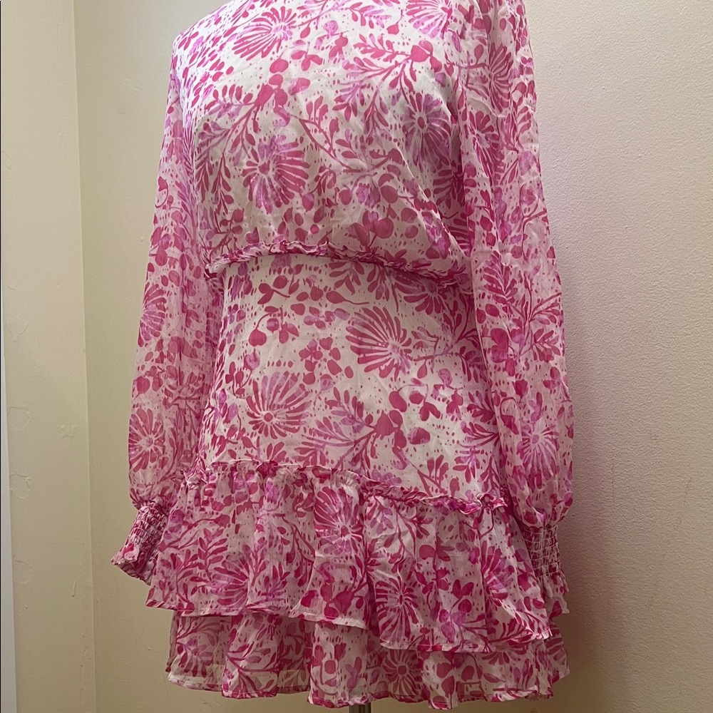 Aqua Fuchsia Floral Ruffle Mini Dress